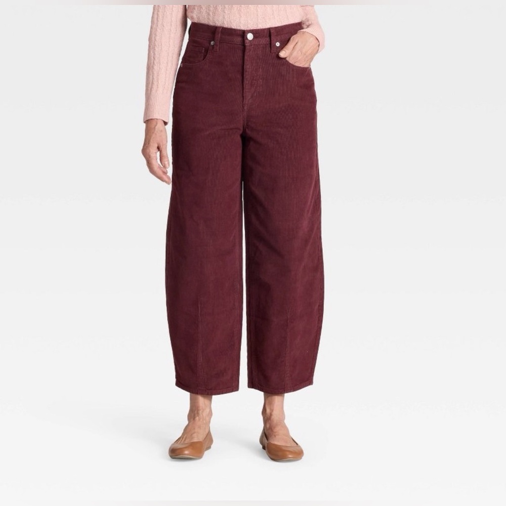 High-Rise Burgundy Corduroy Barrel Leg  Pants